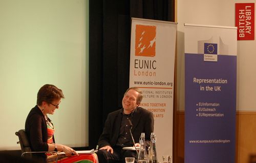 [Rosie Goldsmith talking with Ludwig Steinherr]