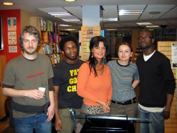 [Primoz Cucnic, Inua Ellams, Krisztina Toth, Katerina Kucbelova and Nick Makoha at Borders on 20th April.]